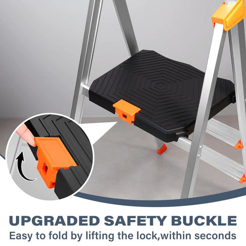 Two Step Ladder With XL Platform For A Rock Solid Stand, Aluminum Lightweight Folding Stool, 330 Lb Weight Rating, No Assembly Required, close-up of safety buckle and platform
