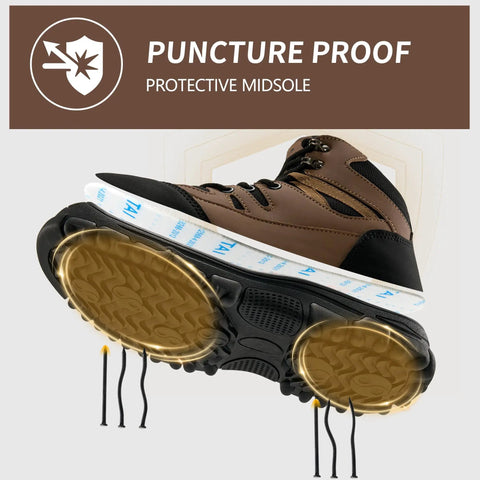 Steel Toe Work Boots For Men Safety Non Slip Puncture Resistant Comfort With Kevlar Midsole highlighting outsole