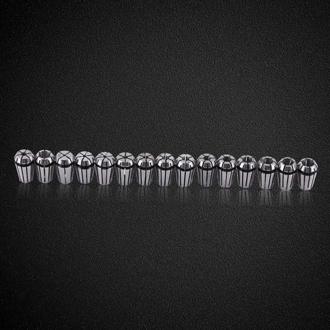 15 Piece ER11 Collet Set for CNC Milling and Engraving Spring Steel Workholding Chuck displayed on black background