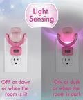 LED Kids Night Light With Projector And Dusk To Dawn Sensor Projects Six Princess Images Belle Jasmine Ariel Moana Tiana And Mulan On Ceiling Wall Or Floor Plug In Pink Glow Night Light For Sleepy Heads showing off and on state