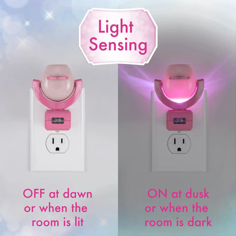 LED Kids Night Light With Projector And Dusk To Dawn Sensor Projects Six Princess Images Belle Jasmine Ariel Moana Tiana And Mulan On Ceiling Wall Or Floor Plug In Pink Glow Night Light For Sleepy Heads showing off and on state