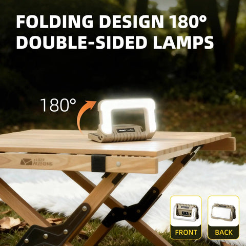 Ultra Bright 1500 Lumen Folding LED Camping Lantern With USB C Rechargeable Power shown on table with folding design