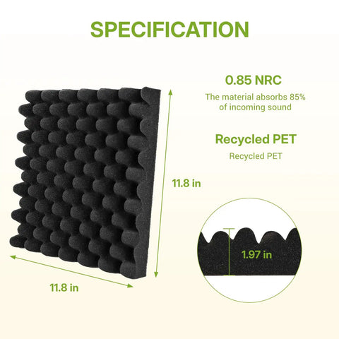 Kick The Echo With These Six Black Egg Crate Acoustic Foam Panels Measuring 12 By 12 By 2 Inches for sound absorption specifications.