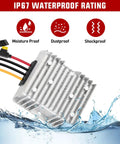 Beefy 48V To 12V Converter 240W 20A Waterproof Regulator with aluminum shell and silicone seal shown with waterproof, dustproof, shockproof icons.