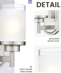 Detail of two pack bath vanity light fixtures with white linen frosted glass shades in brushed nickel finish for modern minimalist bathroom wall lighting and easy ambience upgrade