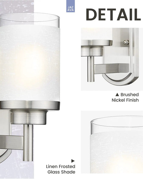 Close-up detail of Modern Sleek Brushed Nickel Bath Vanity Light Fixture With White Linen Frosted Glass Shades Wall Sconce Duo