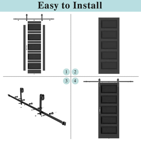 30 Inch By 84 Inch Sliding Barn Door With Hardware Kit Black Finish Sleek Modern Five Lite Panel Waterproof PVC Surface Pre Drilled For Quick Assembly Durable Primed MDF Core Ideal For Rustic Farmhouse And Modern Home Makeovers installation steps