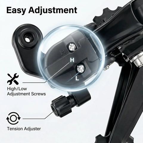 Close-up of 7/8 Speed Rear Derailleur with tension adjuster and high/low adjustment screws for mountain and road bikes.