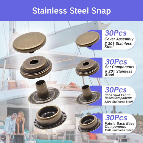 Badass Marine Grade Stainless Steel Snap Fasteners 120 Piece Heavy Duty Press Stud Kit for Boat Canvas featuring 30pcs of components.