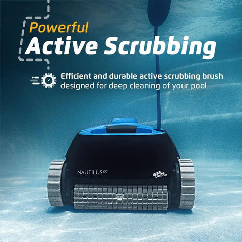 Front view of Nautilus CC Automatic Robotic Pool Cleaner with wall climbing scrubber and top load filter for pools up to 33 feet