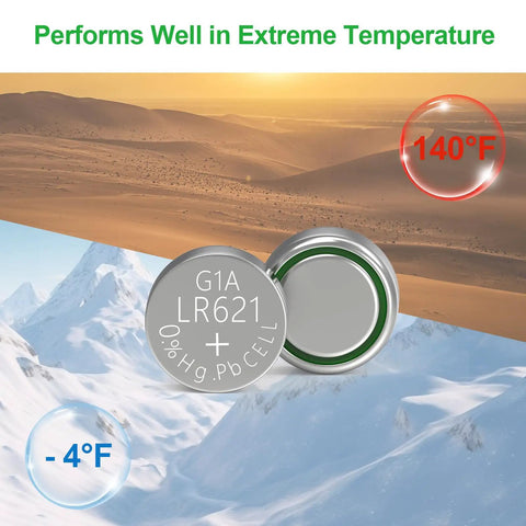 SR621SW Watch Battery 10 Pack Ag1 364 363 Alkaline Coin Button Cell Lr621 shown in extreme temperatures and conditions.