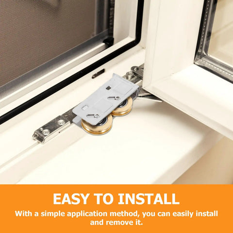 Heavy Duty Sliding Door Window Pulley Replacement Set Featuring Smooth Glide Dual Copper Wheels For Patio Doors And Track Fix Up Hardware Quick Swap Kit installed in a window track.