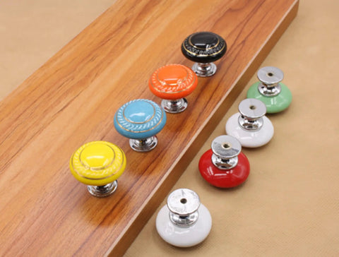 Totally Groovy Blue Mushroom Ceramic Cabinet Knobs, 6 Pack of Glossy Round Drawer Pulls for Dresser and Wardrobe, 1.38 Inch Diameter, Smooth Polish, 3 Screw Sizes Included
