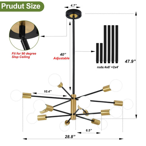 Diagram of 12 Light Modern Sputnik Chandelier in Black and Gold With Adjustable Branch Height E26 Base Pendant Lighting for rooms, showing dimensions and components.