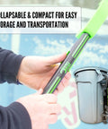 Sturdy Plastic Dumpster Lid Prop Stick With Three Foot Reach Keeps Your Grubby Paws Clean While Liftin Heavy Plastic Bins For Residential Trash Recycling Safe Sanitary Hook Makes Garbage Runs An Absolute Cinch, showing collapsible design and user holding.