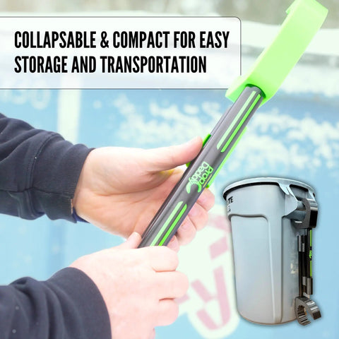 Sturdy Plastic Dumpster Lid Prop Stick With Three Foot Reach Keeps Your Grubby Paws Clean While Liftin Heavy Plastic Bins For Residential Trash Recycling Safe Sanitary Hook Makes Garbage Runs An Absolute Cinch, showing collapsible design and user holding.