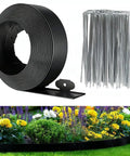 Roll of flexible plastic lawn border with 75 metal stakes for flower beds, part of Landscape Edging Kit 49 Feet Long With 3 Inch Height Includes 75 Metal Stakes Flexible Plastic Lawn Border For Flower Beds Yard Pathways And Trees No Fuss Tool Free Install Durable Sunlight Resistant Edging