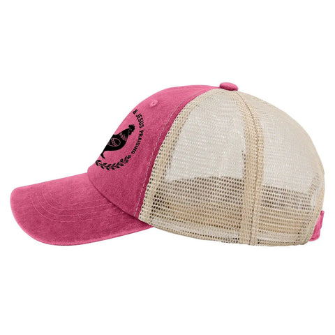 Side view of rose red Washed Distressed Low Profile Trucker Cap with mesh back, unisex baseball style hat