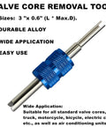 Blue valve core removal tool with specifications for air conditioning and vehicles, related to R12 To R134A AC Retrofit Fitting Adapter Kit.