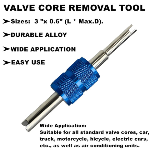 Blue valve core removal tool with specifications for air conditioning and vehicles, related to R12 To R134A AC Retrofit Fitting Adapter Kit.