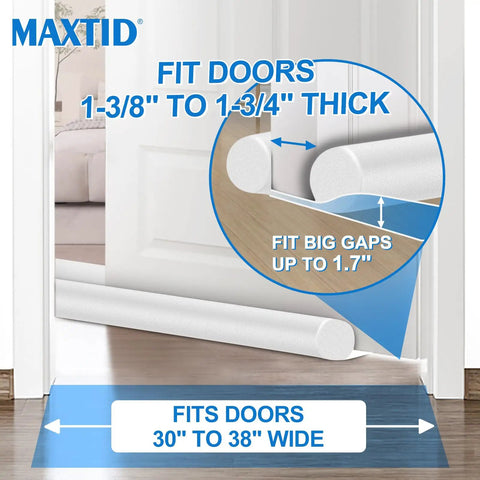 Slick Under Door Draft Stopper White Weather Seal showing fit for doors 1-3/8" to 1-3/4" thick and big gaps up to 1.7".