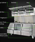 72 Inch Tool Chest With Wheel Lock And LED Lighting, 11 Storage Drawers Plus Double Door Cabinet, Built In Outlet, Stainless Steel Pegboard, Beefy Garage Workshop Storage System with open top cabinets and wheels
