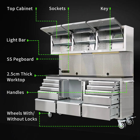 72 Inch Tool Chest With Wheel Lock And LED Lighting, 11 Storage Drawers Plus Double Door Cabinet, Built In Outlet, Stainless Steel Pegboard, Beefy Garage Workshop Storage System with open top cabinets and wheels