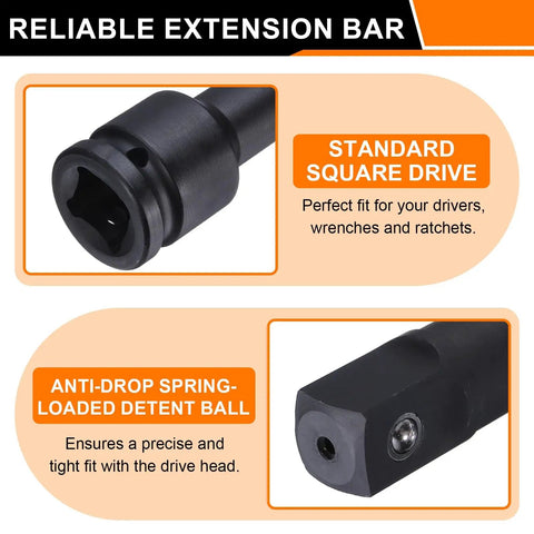 Impact Socket Extension Bar With Square Drive Three Quarter Inch Six Inch Long Built From CRV Steel With Black Phosphate Finish Heavy Duty Universal Socket Adapter For Ratchets Axle Nut Sockets And General Wrench Work with detent ball view