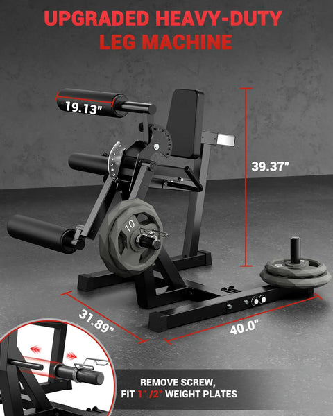 4-In-1 Leg Press, Extension And Curl Machine For Home Gym With Beefy 700 Lbs Capacity, Black, shown in detailed dimensions.