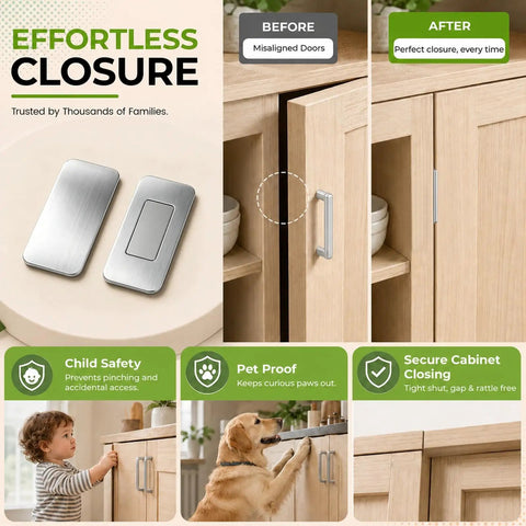 Ultra Thin Magnetic Cabinet Catch 4 Pack Silver, Powerful Door Latch for Cabinets and Closets, before and after installation