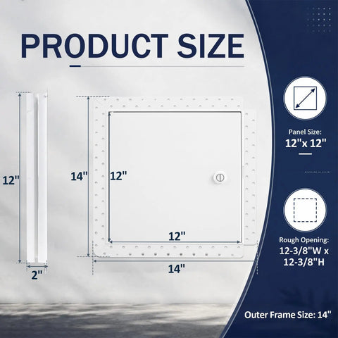 Dimensions of Heavy Duty 12 X 12 Flush Mount Drywall Access Panel With Secure Cam Latch Lock And Clean Concealed Hinge.