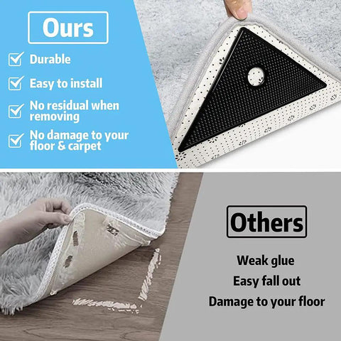 Comparison of Eight Pack Rug Tape Grippers showing non-slip design vs old glue on hardwood floor