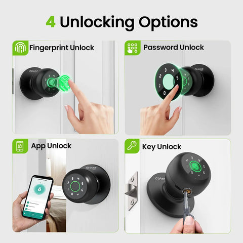 4 In 1 Smart Fingerprint Door Lock With Keypad, App Control, Auto Lock And Biometric Knob, showing four unlocking options