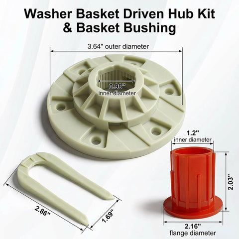 Washer Driven Hub Kit With Basket Sleeve Replacement For Washing Machines Fits Whirlpool Kenmore Maytag VMW Replaces W10528947 W10396887 AP5665171 PS6012095 MVWC565FW0 MVWX655DW0 52719 with hub, sleeve, and basket bushing dimensions