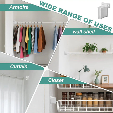 Four Pack Wire Shelf End Brackets For Heavy Duty Closet Shelves White Plastic Rod And Wall Shelf Supports With Screws U Shaped Design To Secure Wire Mesh Shelving And Round Rod Racks used on closet, curtain, wall shelf, and armoire