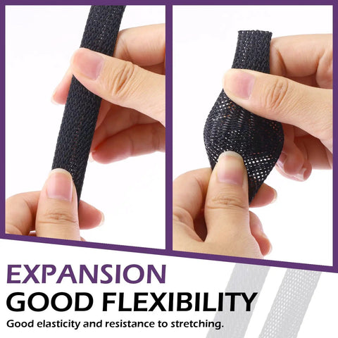 Expandable Braided Cable Sleeve And Heat Shrink Tube Kit showing flexibility with hands stretching black sleeve.