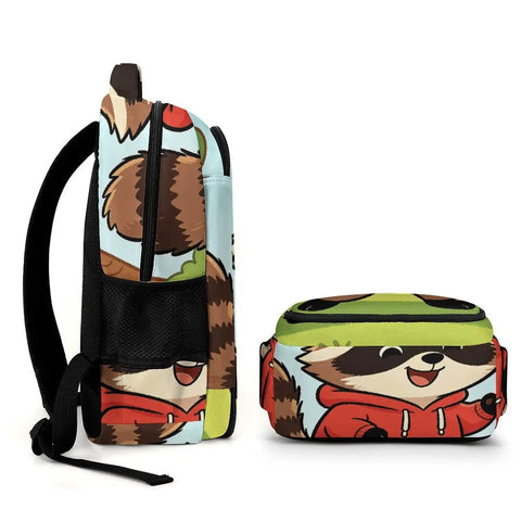 Side view of Cheerful Meadow Raccoon Print Unisex Daypack With Large Capacity For School And Travel Durable Polyester Backpack