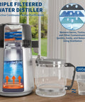 Top Shelf Countertop Water Distiller Full One Gallon Capacity Solid Stainless Steel Build With Glass Pitcher Straight Up Pure Desktop Unit For Smooth Coffee CPAP Setup with water boiling inside.