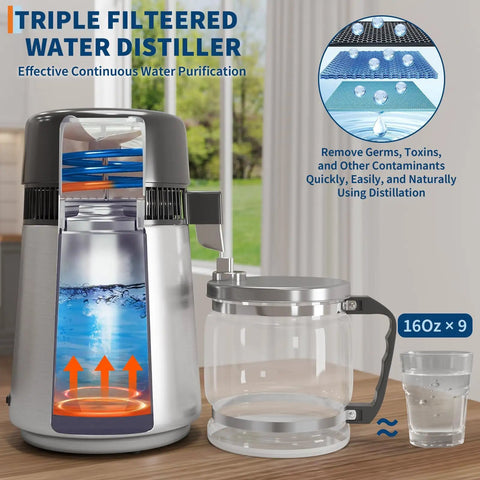 Top Shelf Countertop Water Distiller Full One Gallon Capacity Solid Stainless Steel Build With Glass Pitcher Straight Up Pure Desktop Unit For Smooth Coffee CPAP Setup with water boiling inside.