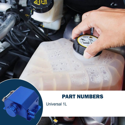Fresh Rad Blue Universal Coolant Reservoir Tank With One Liter Capacity Radiator Overflow Bottle in use under hood with cap.