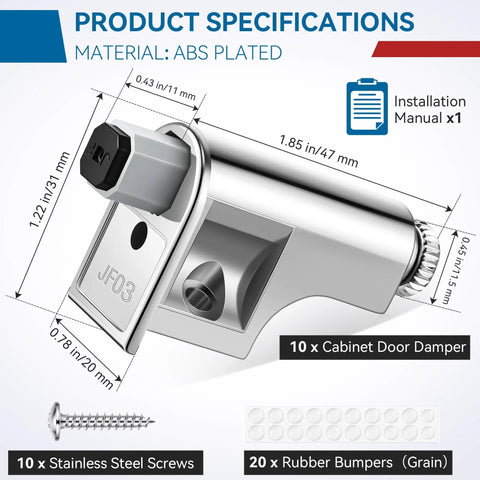 10 Pack Soft Close Cabinet Hinges Adjustable Hydraulic Slow Damper For Kitchen And Closet Doors Face Frame And Frameless Cabinets technical specifications with dimensions and material details