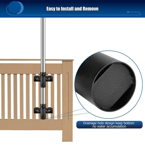 Adjustable Deck Umbrella Base Clamp for Railings and Fences with drainage hole design, mounted on wooden railing