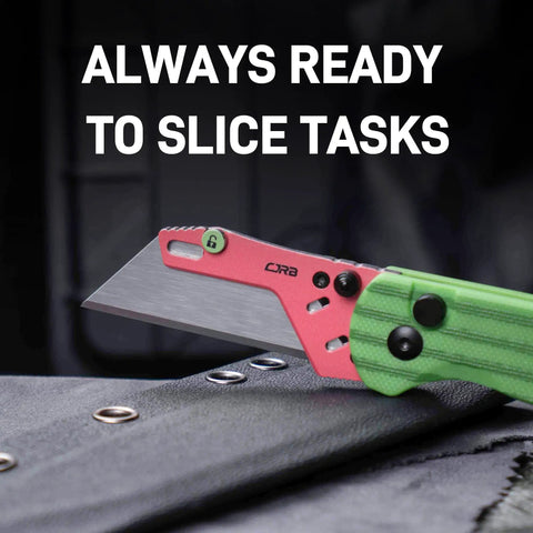 Slick Folding Utility Knife With Foolproof Toolless Blade Swap And Solid G10 Handle, showcasing sharp blade on green handle.