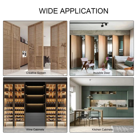 Application of Hidden Door Pivot Hinge 75mm Stainless Steel 360 Degree Rotation shown on creative screen, invisible door, wine cabinets, kitchen cabinets