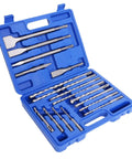 POPTOOL 17-piece cemented carbide drill bit and chisel set in a blue storage case with handle