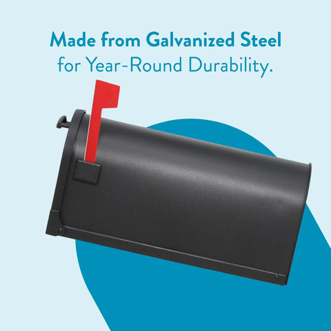 Heavy Duty Post Mounted Outdoor Mailbox in Black with Galvanized Steel Construction against blue background