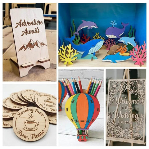 Basswood sheets 12x12, 1/8in-laser-cut crafts: engraved sign, dolphin scene, coasters, wedding sign