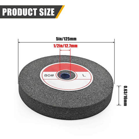 Pro Grade 5 Inch Brown Corundum Deburring Wheel For Bench Grinder 80 Grit Metal Finishing Tool Half Inch Arbor, showing dimensions.