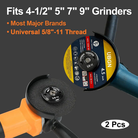 Tool Free Quick Install And Release Angle Grinder Nut Set with 5/8-11 thread on 9-inch grinder, pack of 2, easy finger tightening