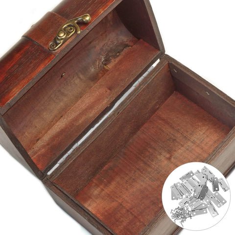 Open wooden chest with 20 Piece Mini Hinge Set For DIY Projects And Handmade Crafts Small Iron Hinges shown in circle inset.